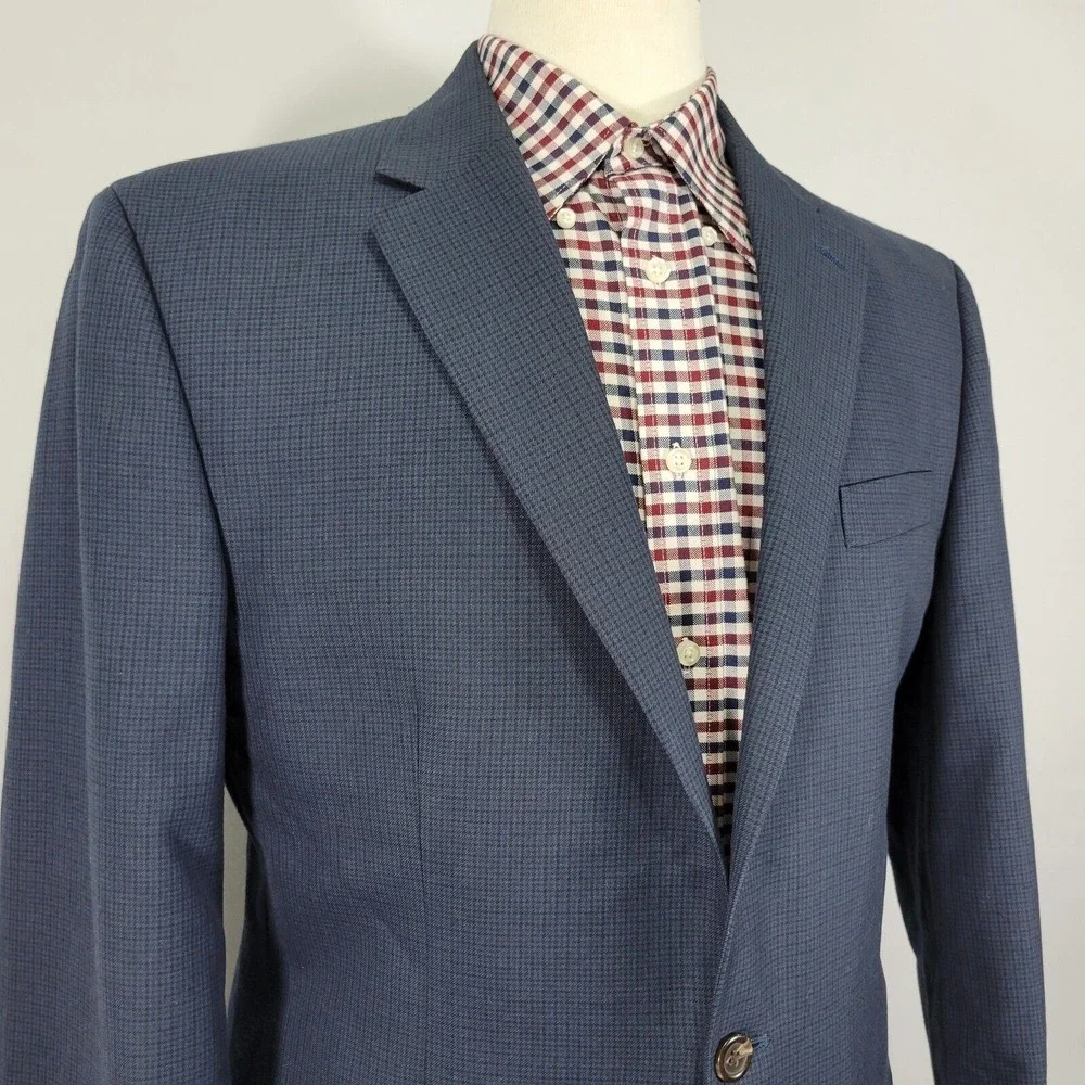 Chaps Men's Sport Coat Blazer Two Button Navy Blue‎ Checked Polyester Rayon 42L